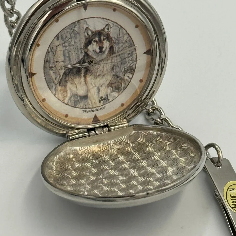 Westminster Wolf Pocket Watch Silver‎ Tone Hunter Case Wildlife Graphic & Chain